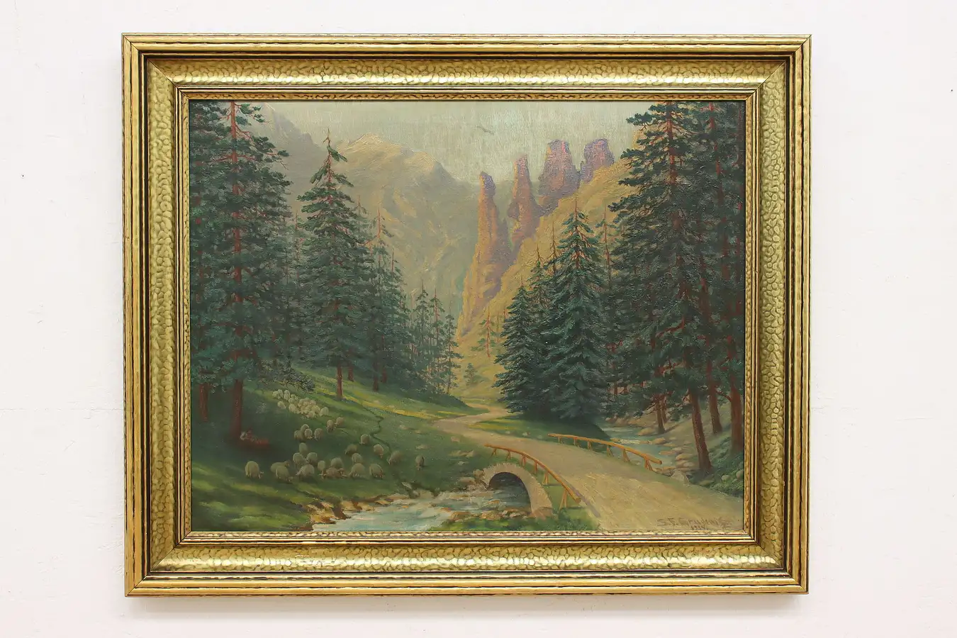 Main image of Mountain & Sheep Vintage Original Oil painting, Signed 44"