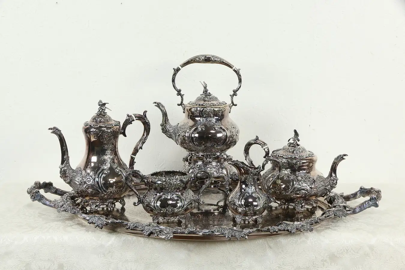 Main image of Victorian Antique Silverplate English 6 Pc Coffee & Tea Set & Tray London