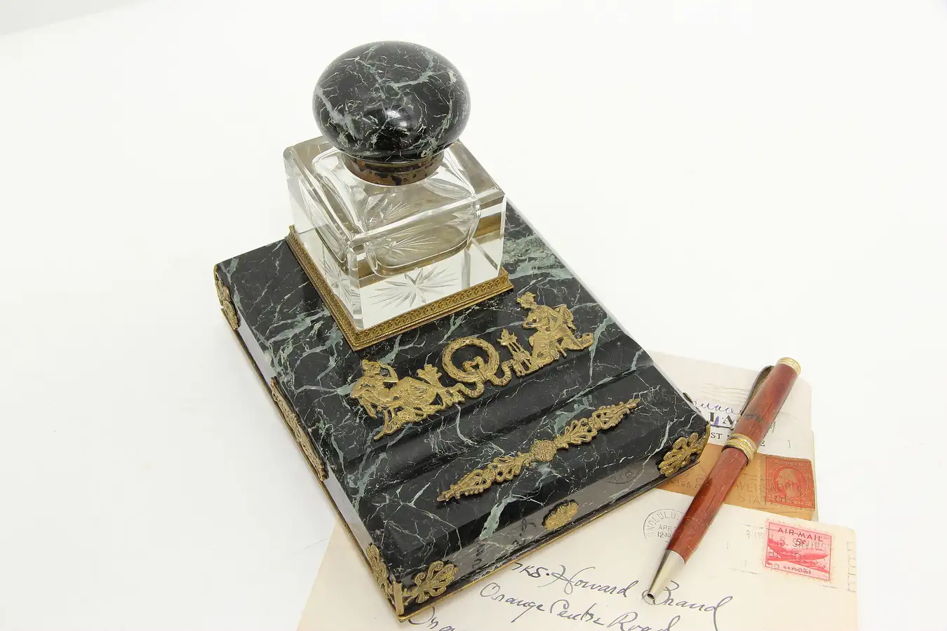Main image of Classical French Antique Crystal Marble Bronze Desk Inkwell