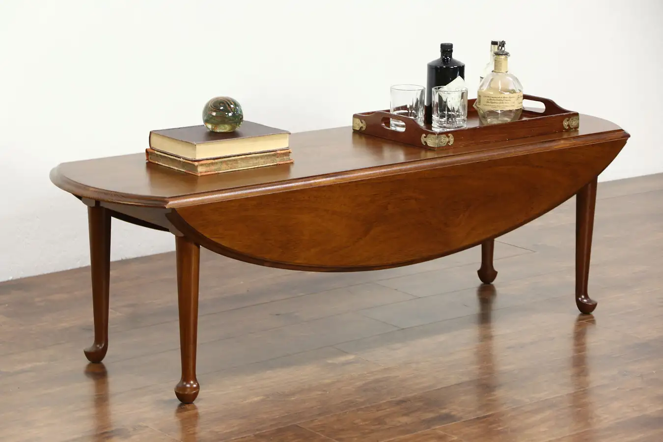Main image of Oval Dropleaf Vintage Walnut Coffee Table, Signed Tidewater by Morgantown