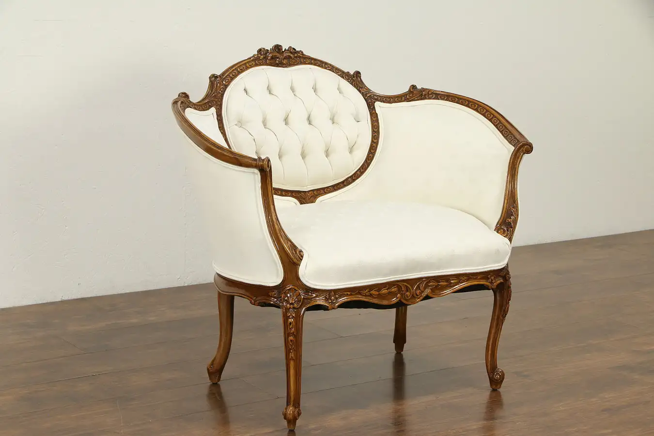 Main image of French Style Carved Vintage Chair, Tufted Upholstery