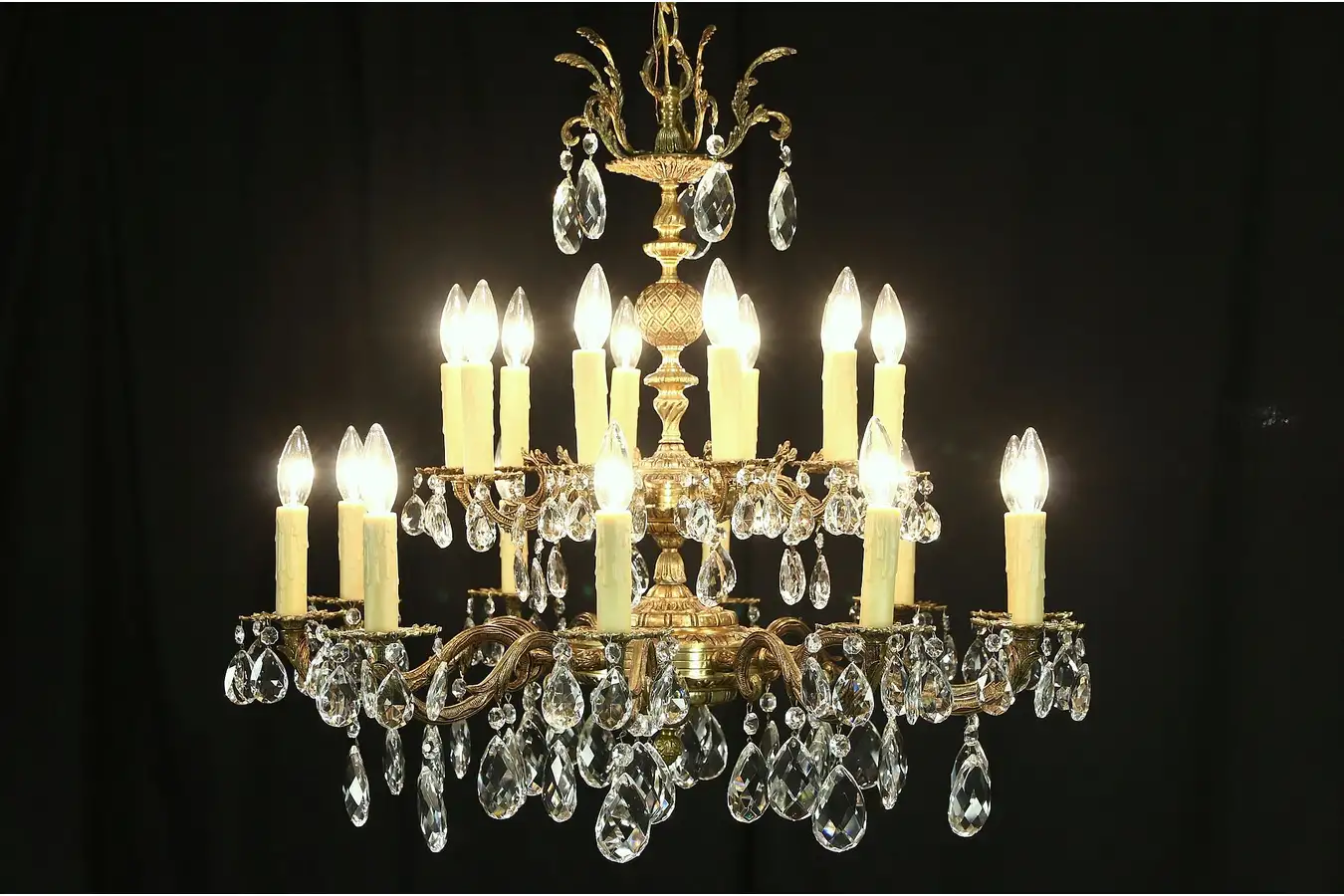 Main image of Embossed Brass & Cut Crystal 20 Light Candle Vintage Chandelier