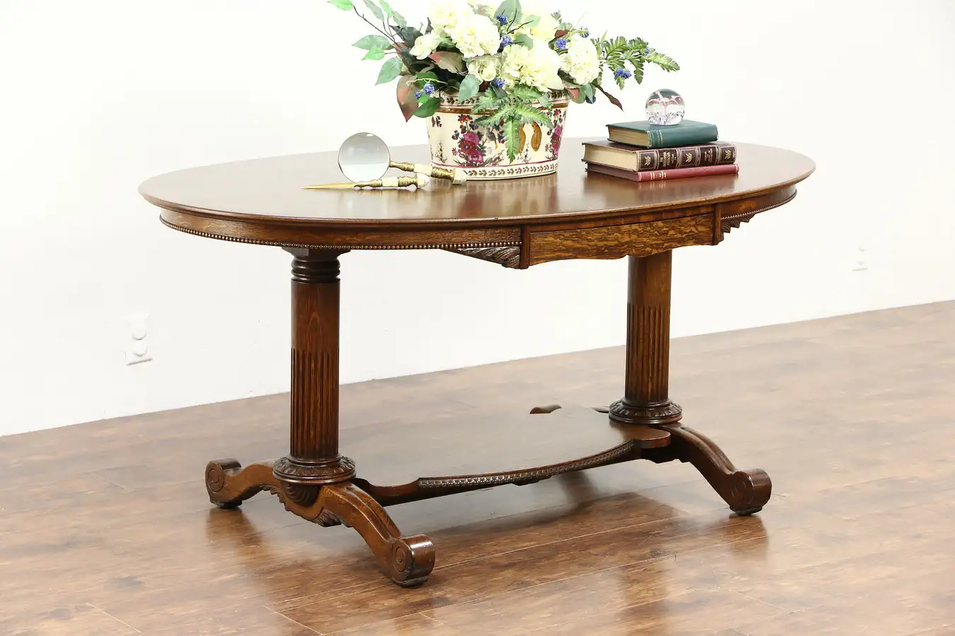 Main image of Classical 1900 Antique Oval Oak Partner Library Desk or Hall Table