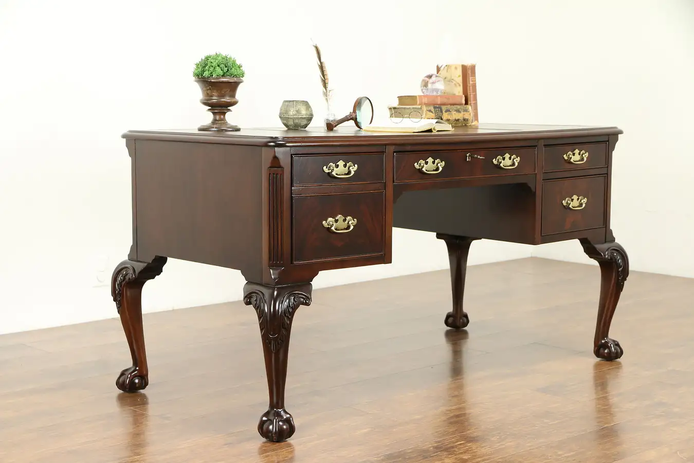 Main image of Georgian Vintage Carved Mahogany Library Desk, Tooled Leather, Hekman