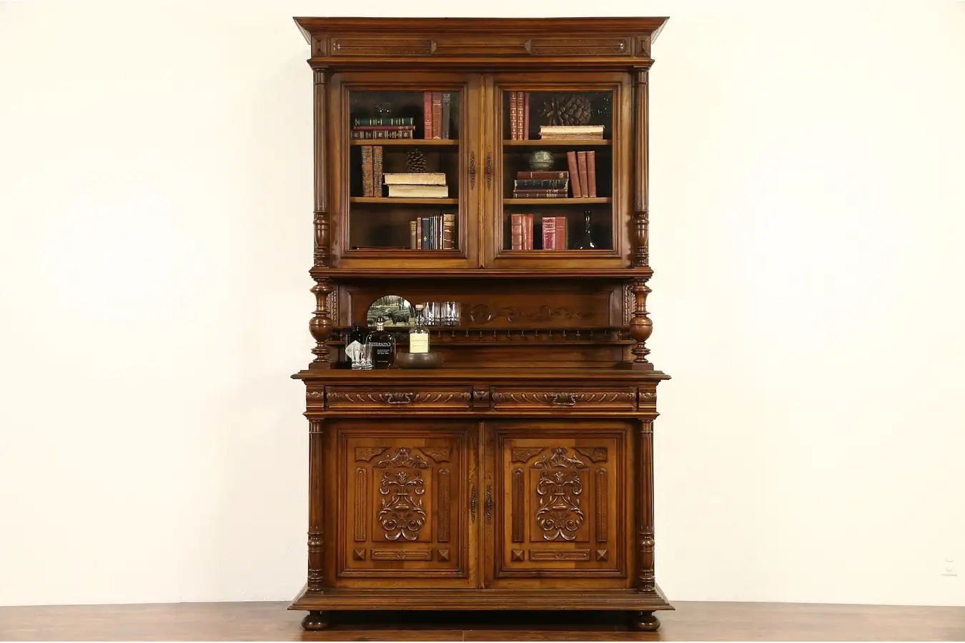 Main image of French 1890 Antique Carved Walnut Court Cupboard or Dowry Cabinet