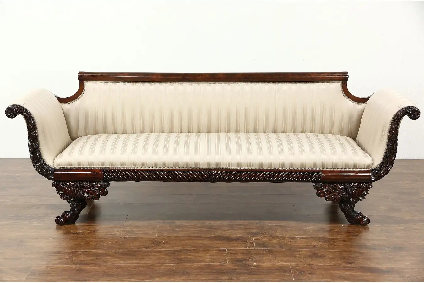 Main image of Empire Acanthus & Cornucopia Carved Mahogany 1900 Antique Sofa, Lion Paw Feet