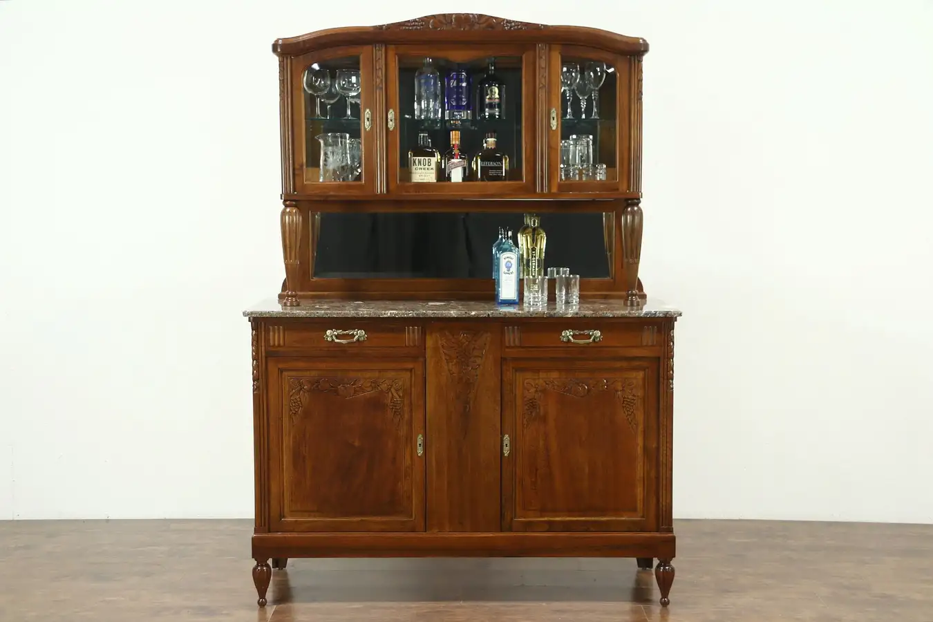 Main image of Art Deco Antique Marble Top Sideboard, Server, Backbar, Carved Grapes, Belgium