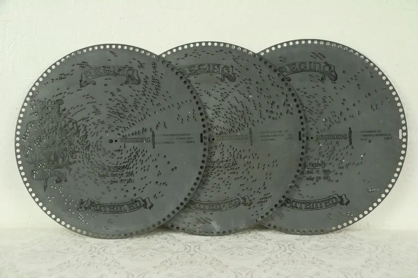 Main image of Three Antique 15 1/2" Regina Music Box Discs