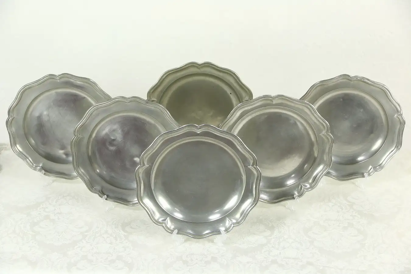 Main image of Set of 6 Antique Scalloped Pewter Plates, Angel Hallmark