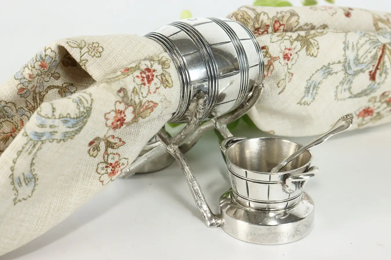 Main image of Victorian Antique Silverplate Barrel Napkin Ring, Shaker & Salt Cellar