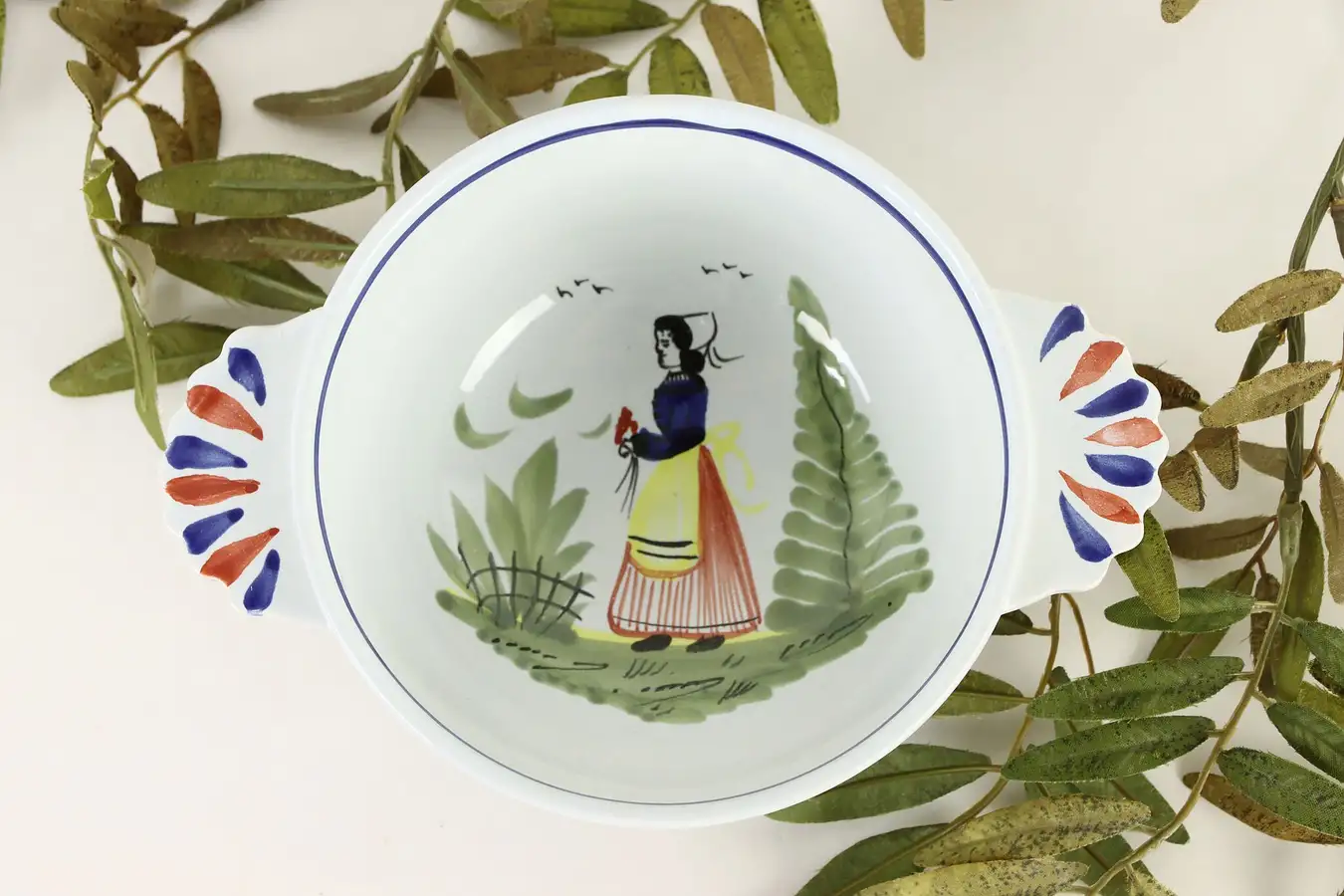 Main image of HB Quimper Signed 7" Bowl with Handles, Hand Painted Brittany, France