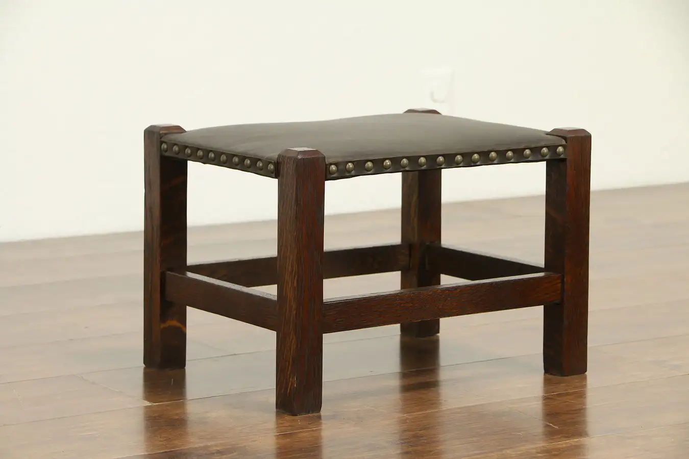 Main image of Arts & Crafts Mission Oak Antique Leather Craftsman Stool or Low Bench