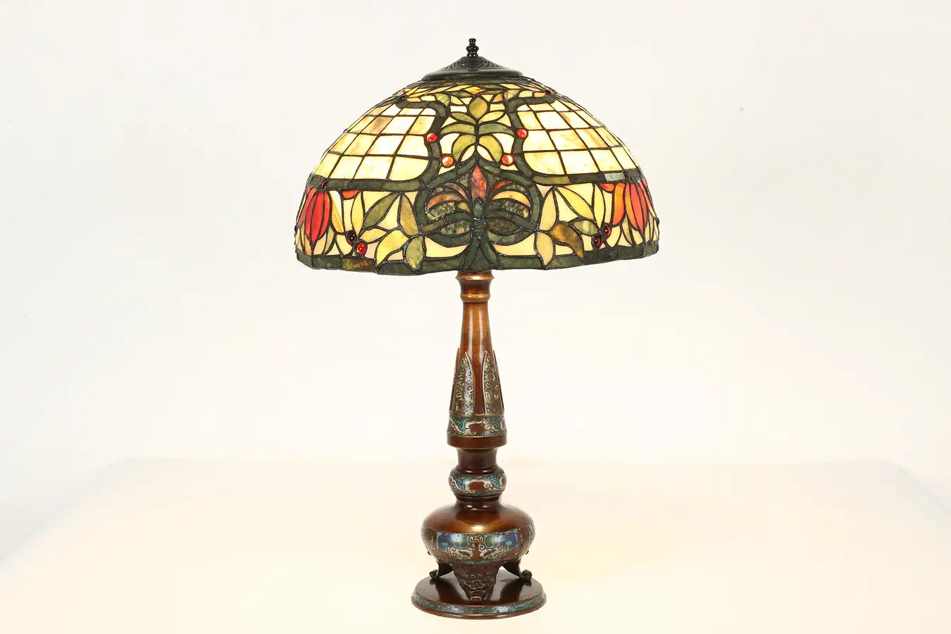 Main image of Bronze & Cloissonne Antique Office Desk Lamp, Stained Glass Shade