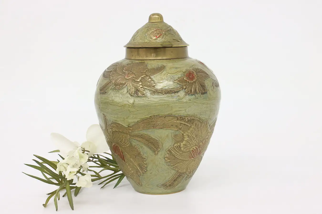 Main image of Art Nouveau Design Vintage Brass Urn Hand Painted & Embossed Flowers