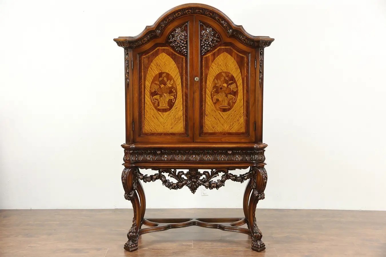 Main image of Renaissance Carved 1925 Antique China or Wine Cabinet, Marquetry & Grapevines