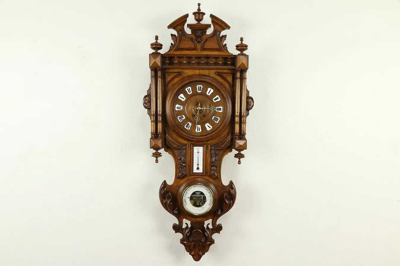 Main image of French Carved Walnut Antique Wall Clock, Barometer & Thermometer