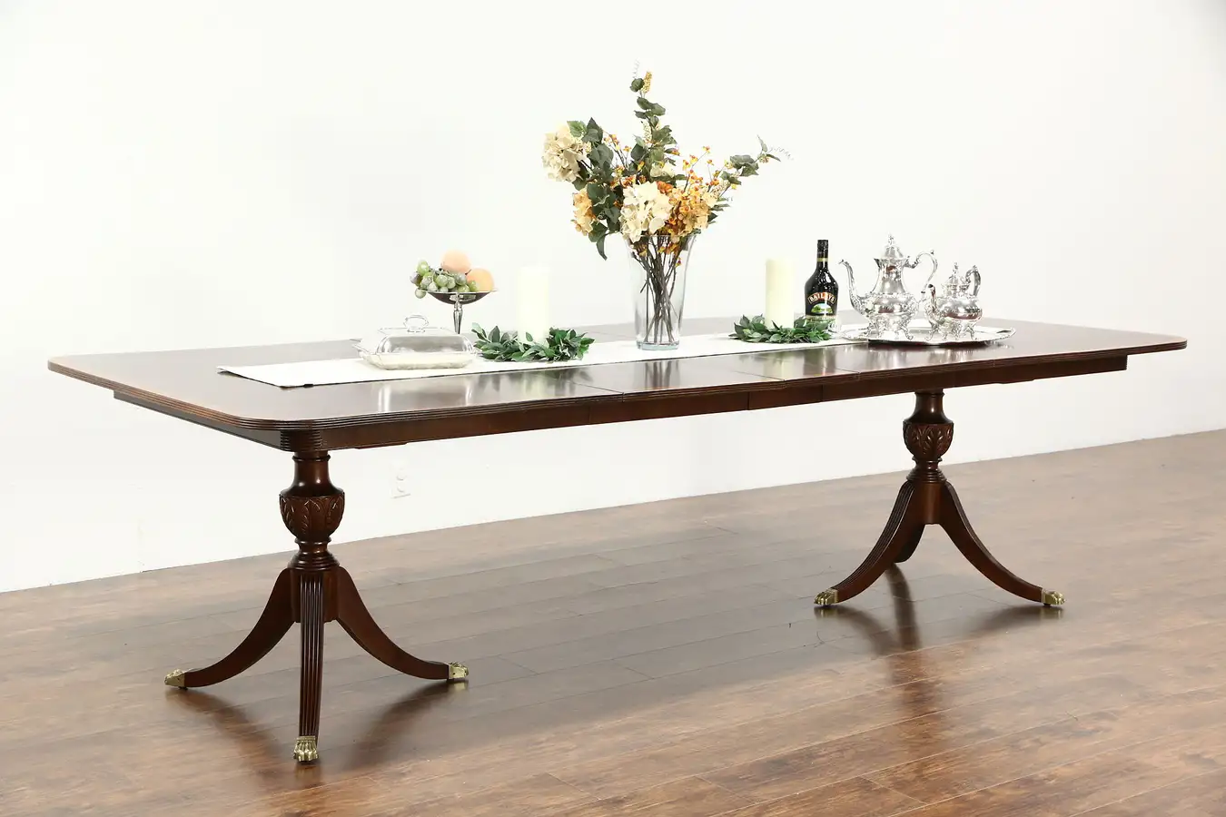 Main image of Georgian Design 2 Pedestal Banded Mahogany Vintage Dining Table, Extends 9' 2"