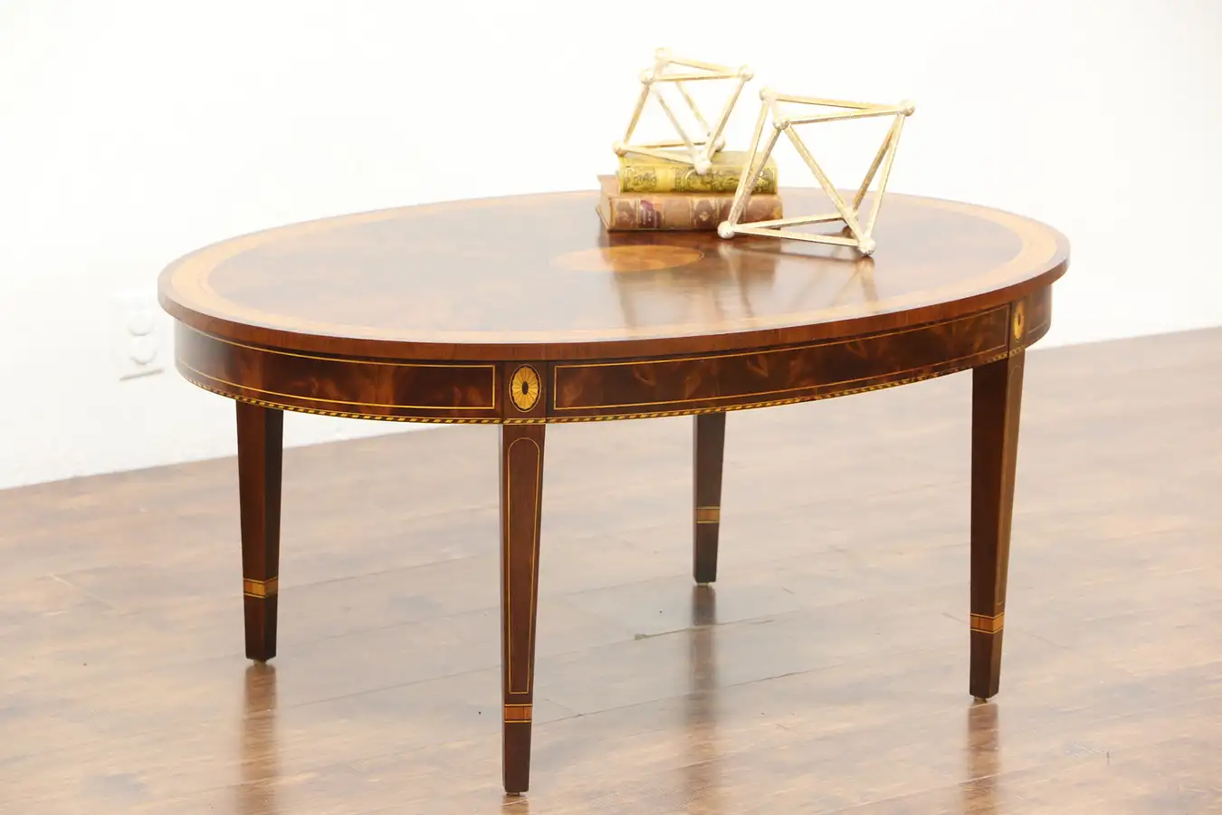 Main image of Oval Vintage Mahogany Banded Sunburst Marquetry Coffee Table Signed Stickley