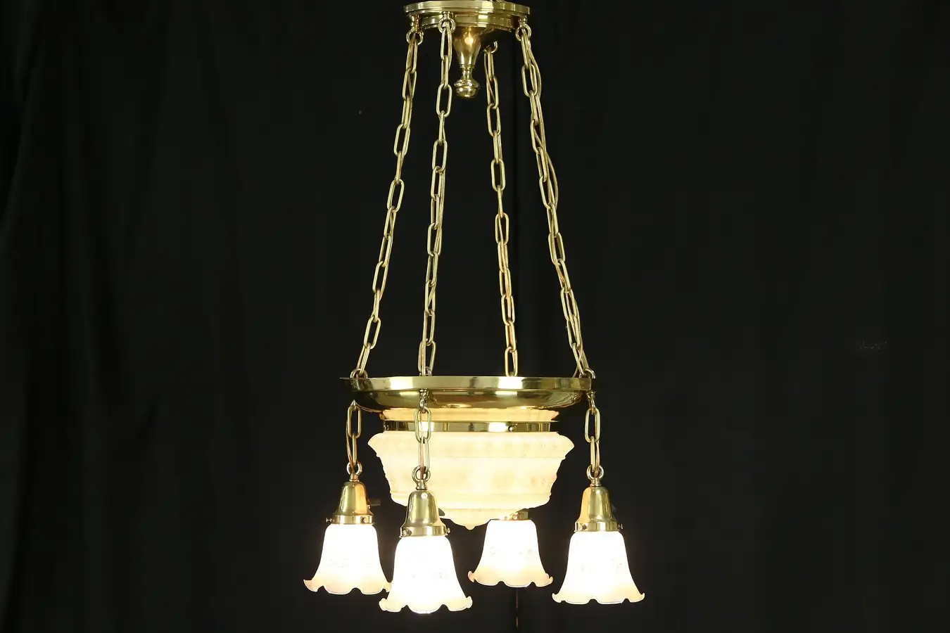 Main image of Victorian Antique 1900 Brass Chandelier, 5 Etched Glass Shades