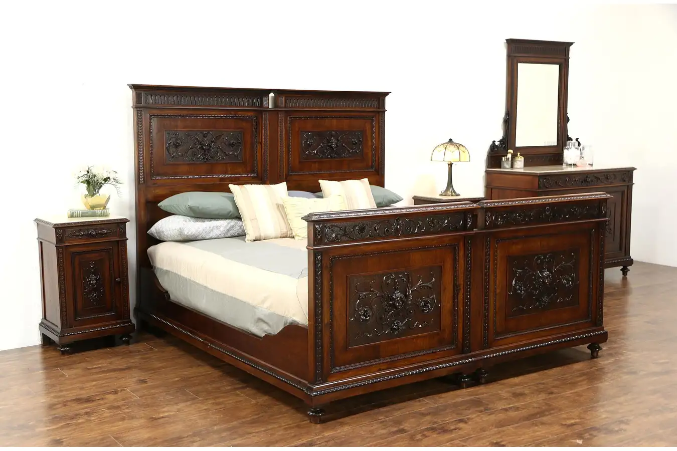Main image of Italian Walnut Antique 4 pc. Bedroom Set, Marble, Carved Angels, King Size Bed