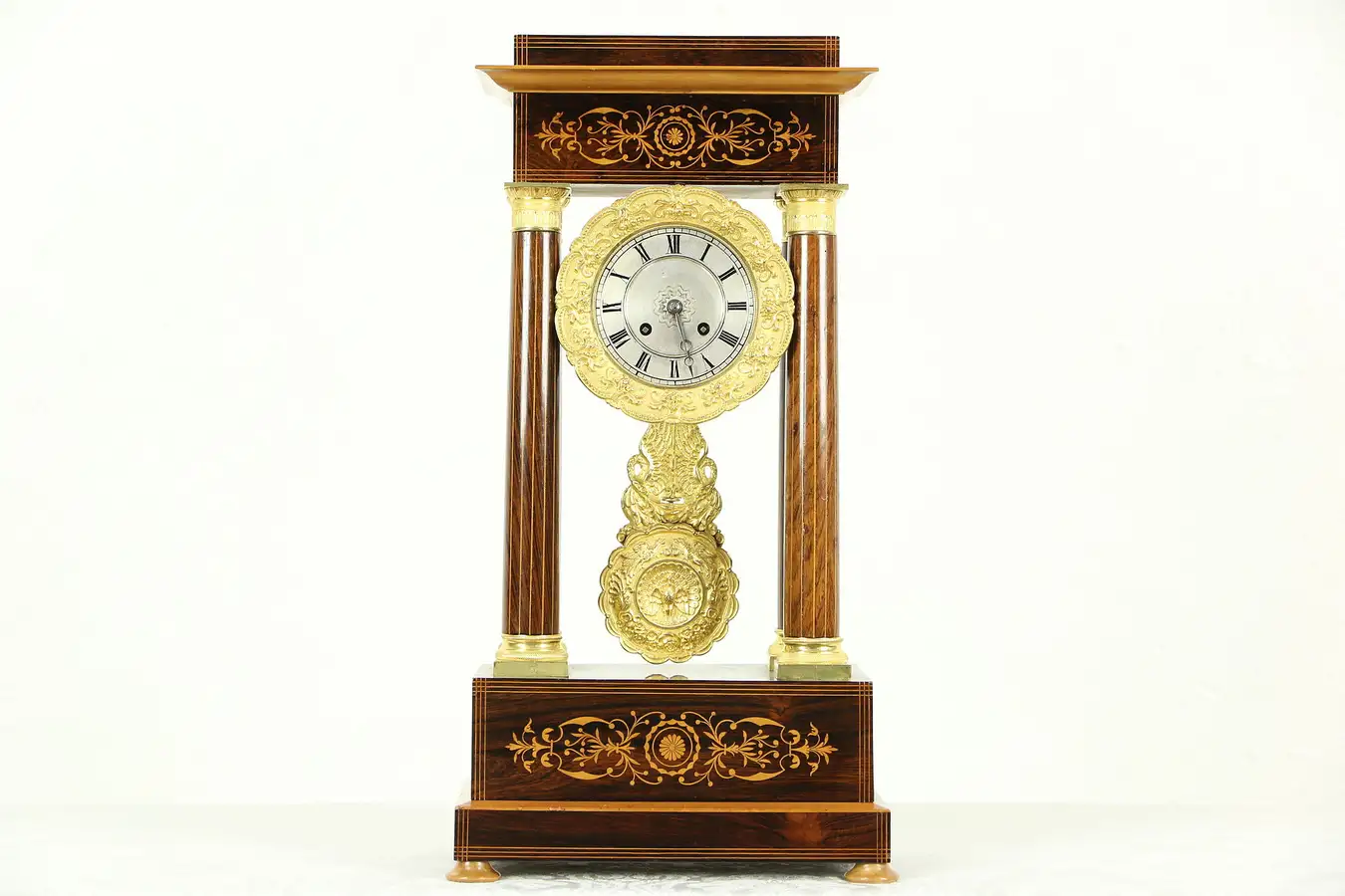 Main image of French Empire Rosewood Marquetry 1830 Antique Gilt Bronze Pillar Clock