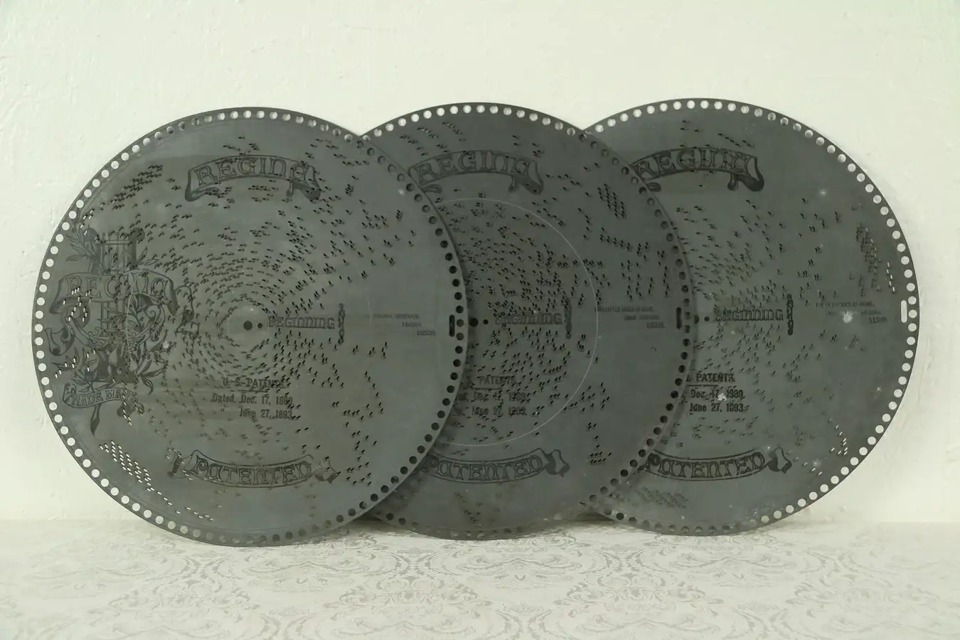 Main image of Three Antique 15 1/2" Regina Music Box Discs
