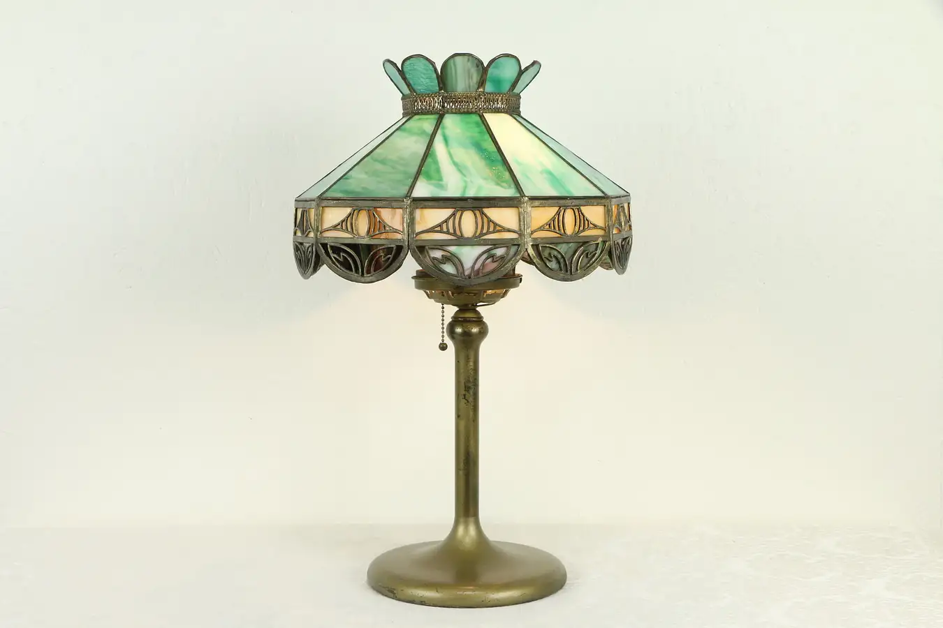 Main image of Leaded Stained Glass Shade Antique 1910 Table Lamp