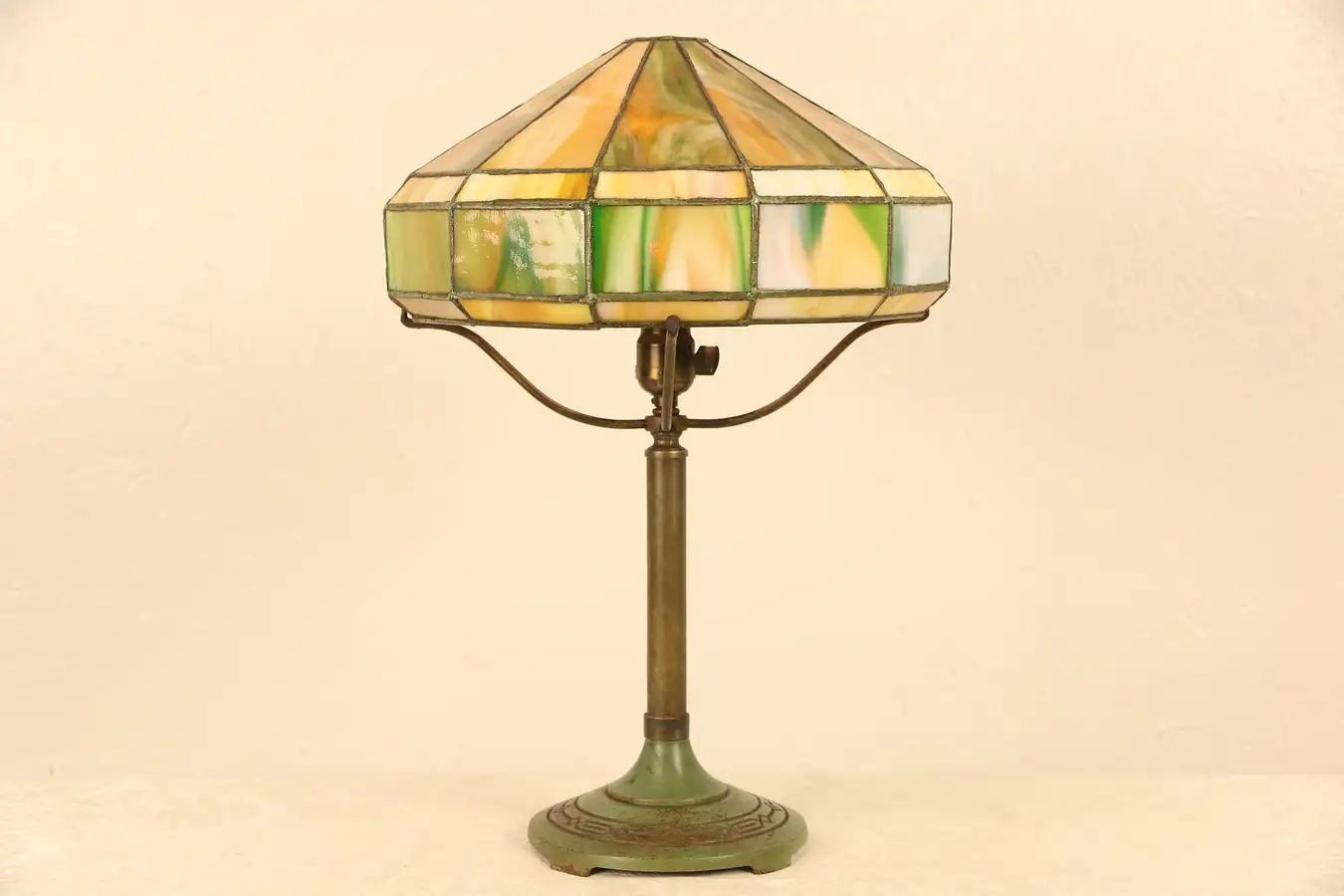 Main image of Bradley & Hubbard Signed 1915 Antique Lamp, Stained Leaded Glass Shade