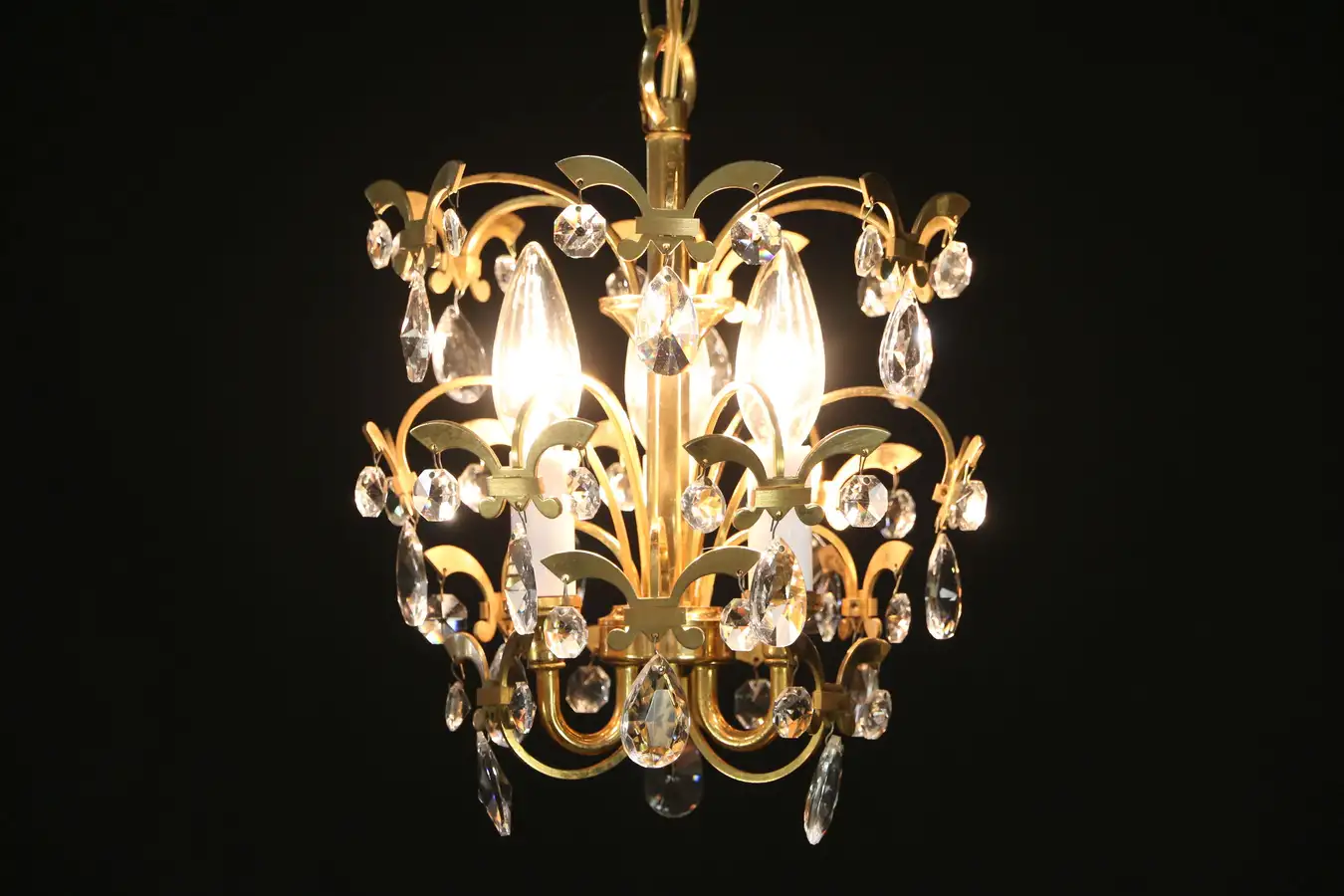 Main image of Gold 3 Light Vintage Chandelier, Cut Crystal Prisms, Bath or Hall Size, Sciolari