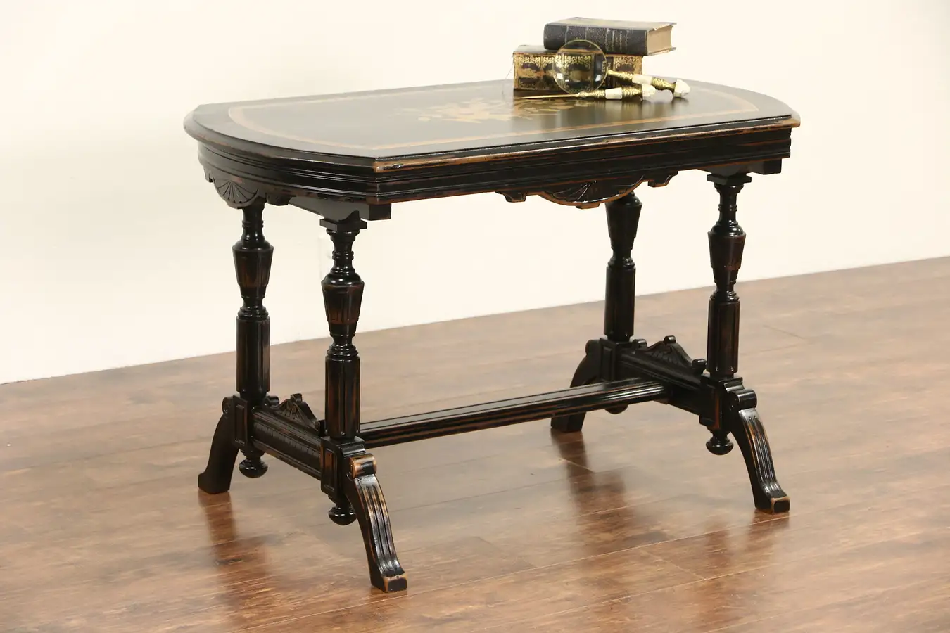 Main image of Victorian Eastlake 1880 Antique Cherry Lamp Table, Lyre & Floral Marquetry