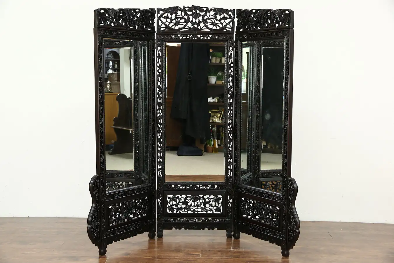 Main image of Triple 1920's Japanese Hand Carved Antique 1920's Dressing Mirror or Screen
