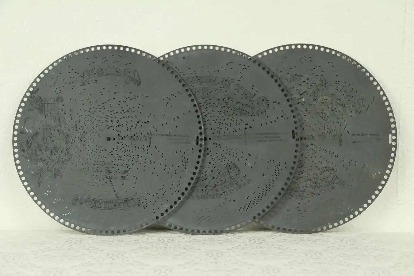 Main image of Three Antique 15 1/2" Regina Music Box Discs