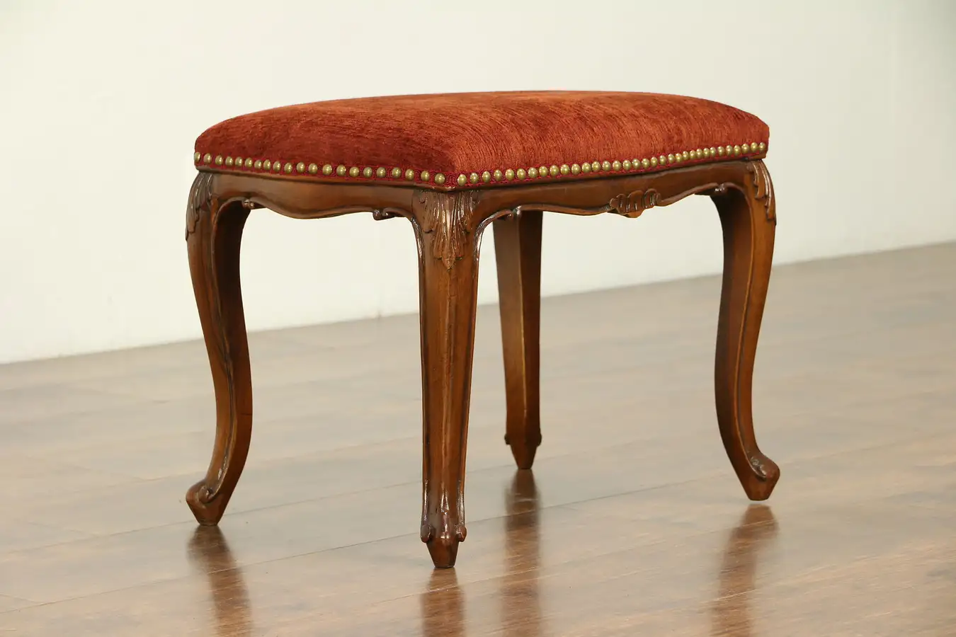 Main image of French Carved Walnut Antique Bench or Stool, New Upholstery