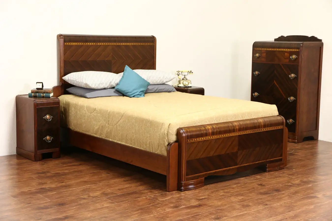 Main image of Art Deco Waterfall 1930's Vintage 4 Pc. Queen Size Bedroom Set