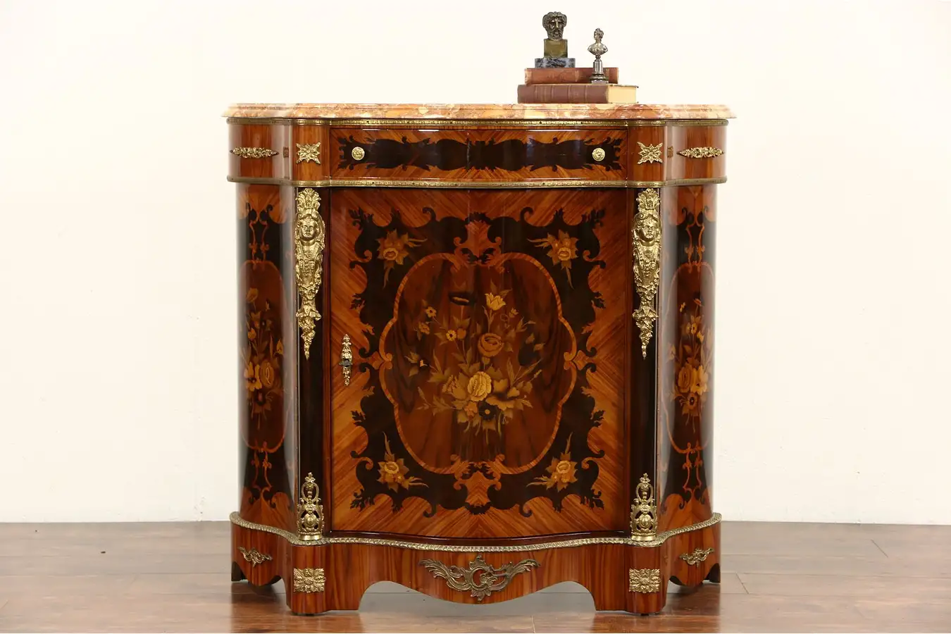 Main image of Italian Rosewood Marquetry Marble Top Vintage Console Cabinet, Brass Mounts