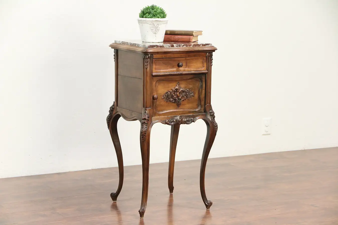 Main image of French Carved Walnut 1900 Antique Nightstand, Marble Top, Signed Bastal