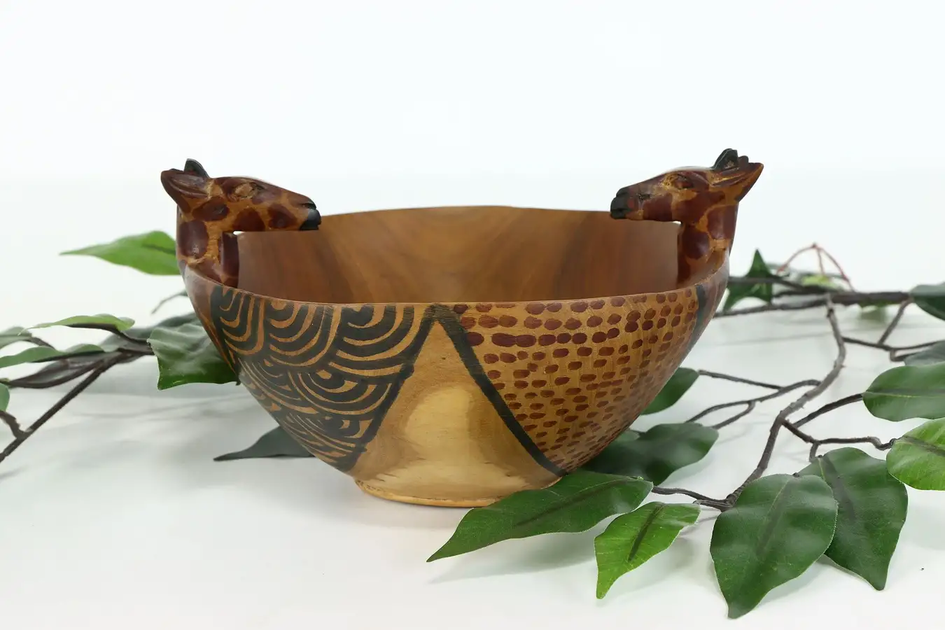 Main image of African Vintage Wooden Carved Giraffe Bowl with Hand Painting