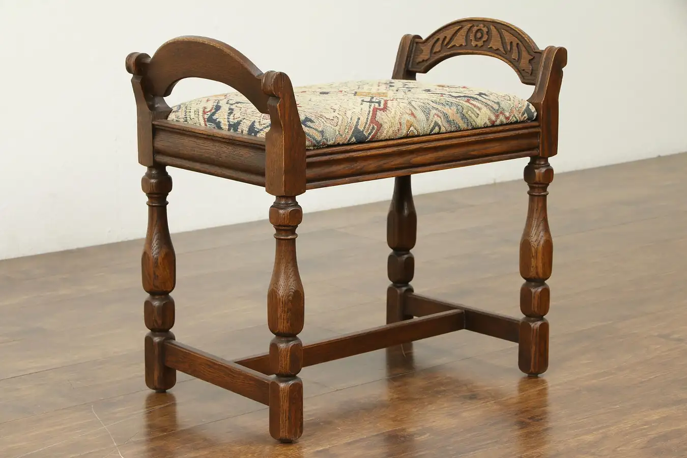 Main image of English Tudor Antique Oak Bench with Arms, New Upholstery