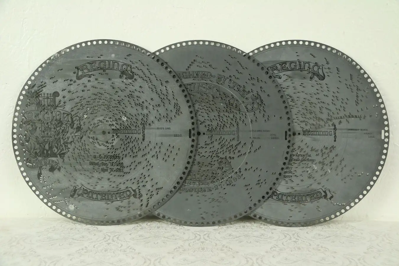 Main image of Three Antique 15 1/2" Regina Music Box Discs