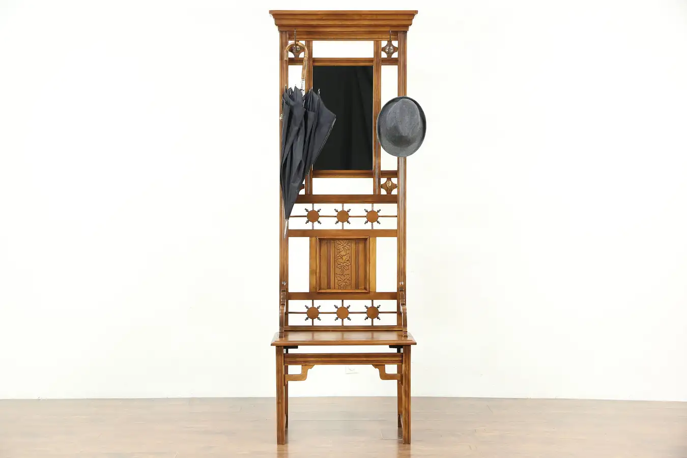 Main image of Victorian Eastlake Antique 1885 Hall Stand & Bench, Mirror & Hooks
