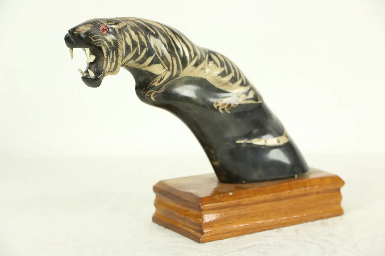 Main image of Sculpture, Hand Carved Buffalo Horn, Thailand Folk Art 17" Tall