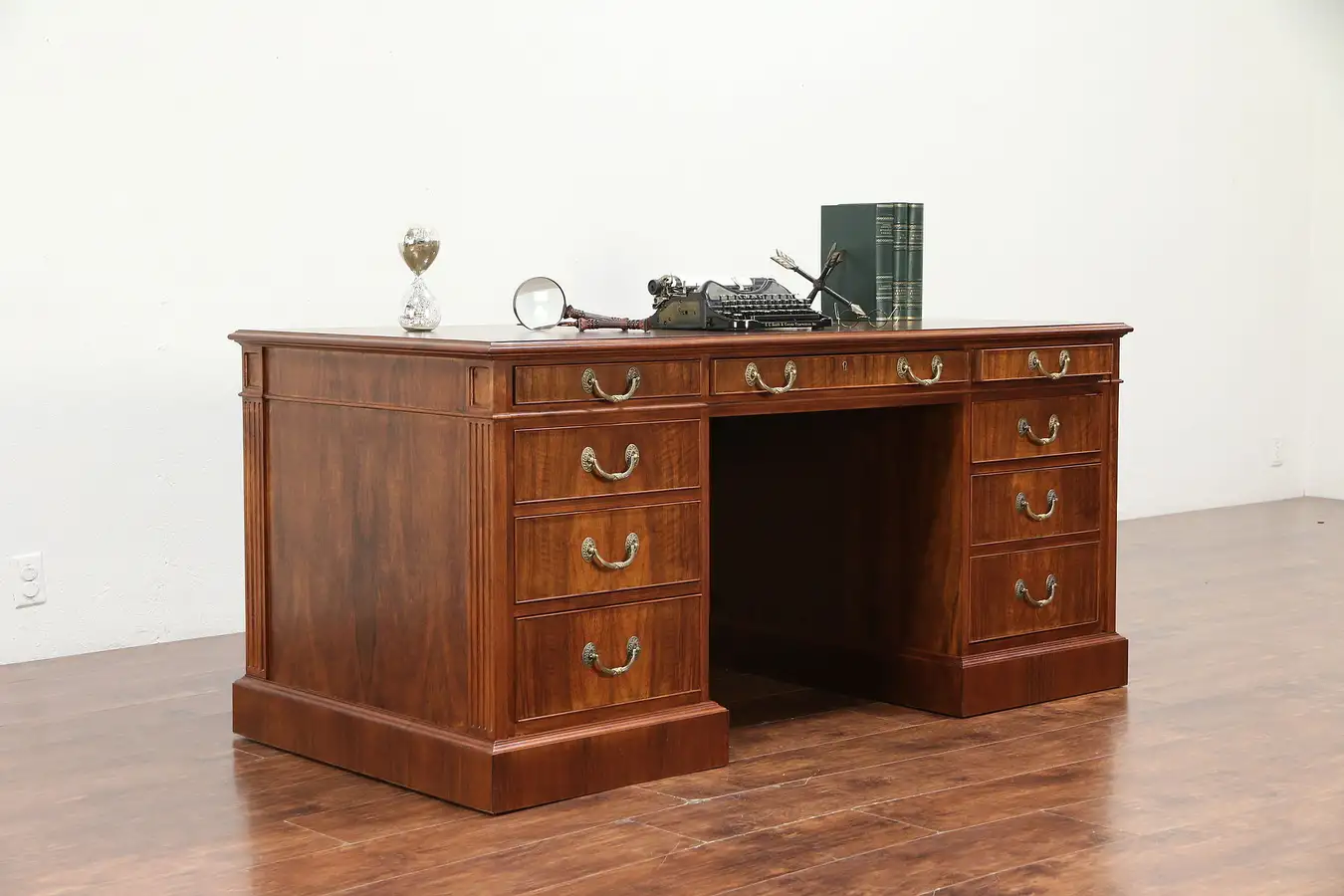 Main image of Traditional Vintage Custom Walnut Executive Office Desk, Tooled Leather