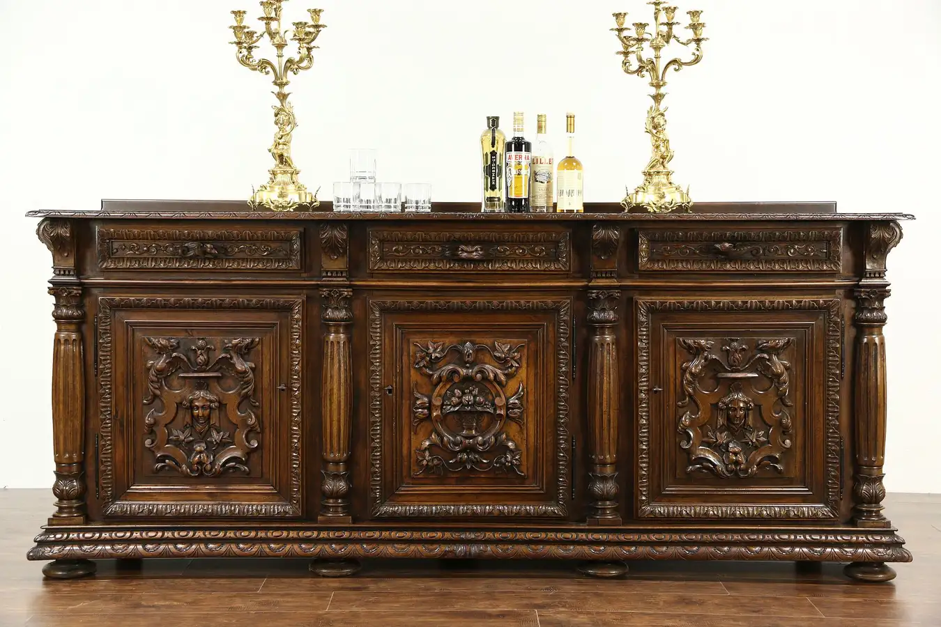 Main image of Italian Renaissance 1890 Antique Sideboard Server or TV Console Carved Gargoyles