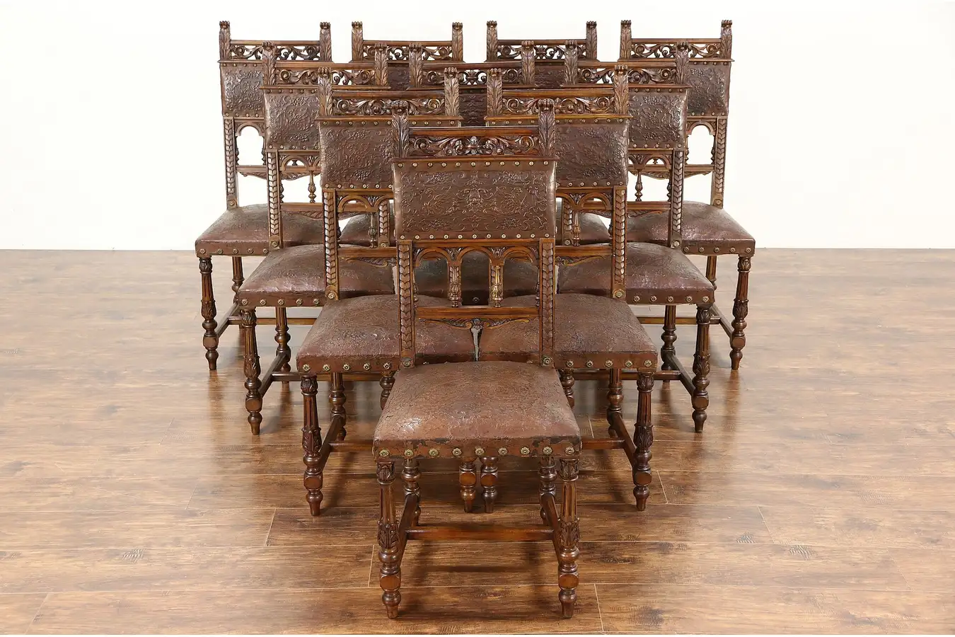 Main image of Italian Set of 10 Carved Antique 1890 Dining Chairs, Original Tooled Leather