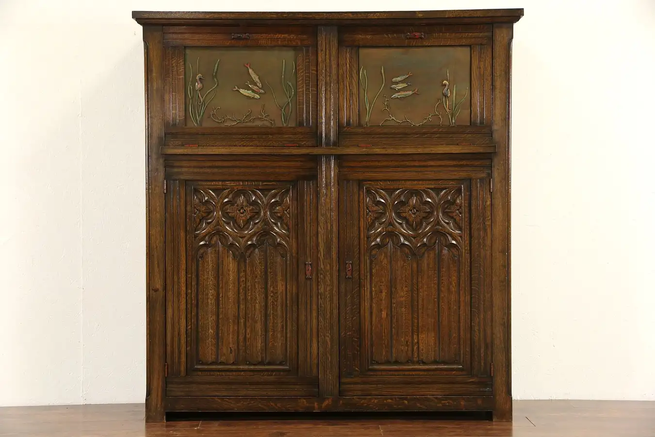 Main image of Gothic Carved Oak 1920 Antique Dutch Bar Cabinet, Painted Ocean Scenes