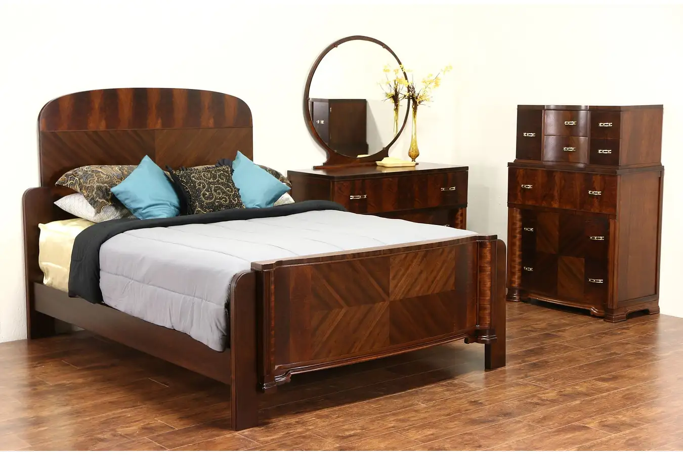 Main image of Art Deco 1935 Vintage Bedroom Set, Queen Bed, Tall Chest, Dresser & Mirror