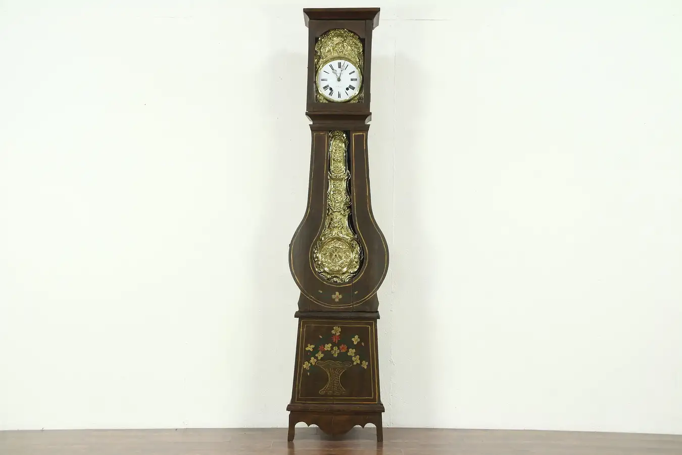 Main image of French Antique 1880 Morbier Clock, Hand Painted Pine Case, Signed Bosco, Tunisia