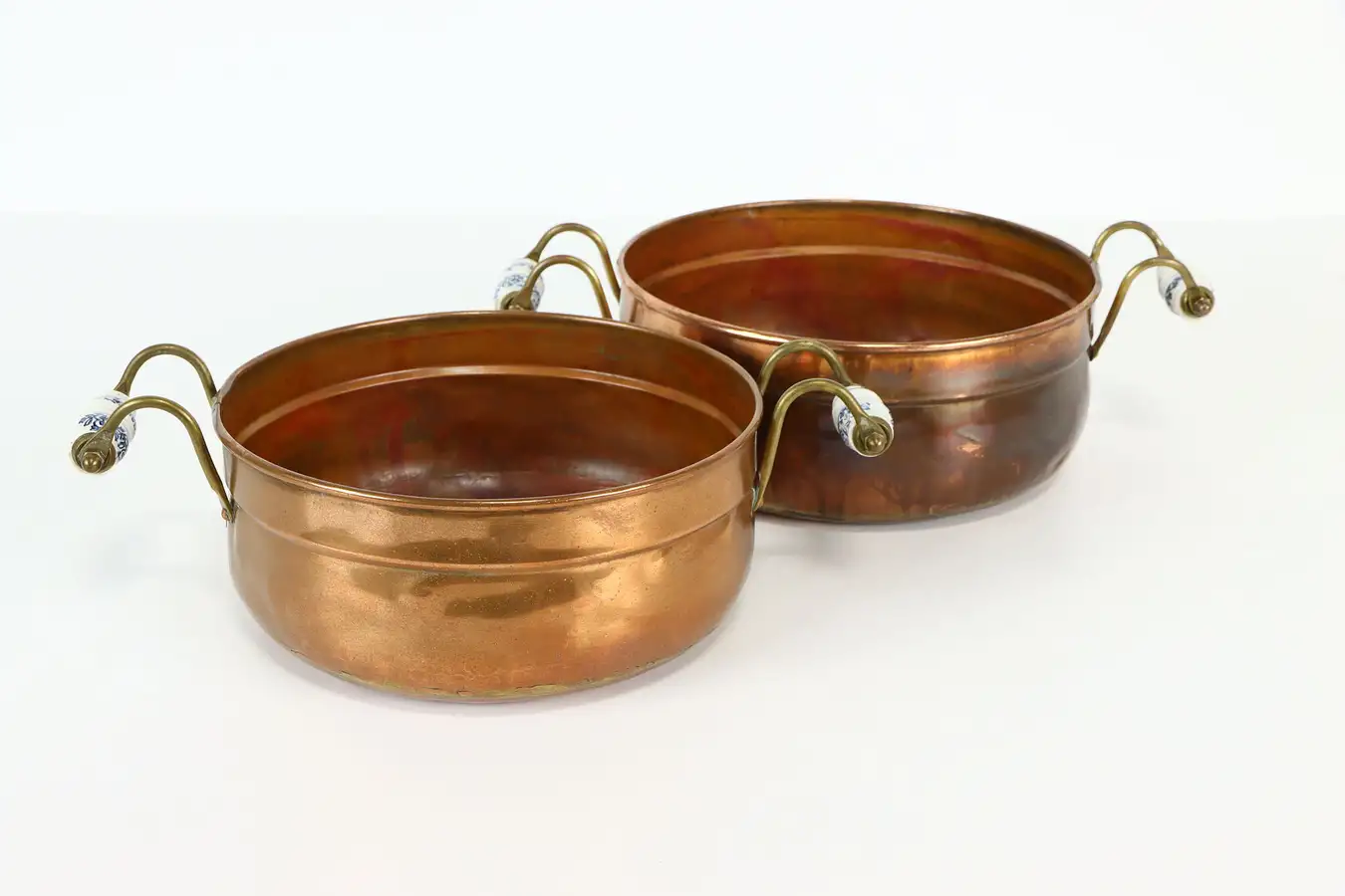 Main image of Copper Antique Dutch Hand Dovetailed Pair of Pans, Porcelain Handles