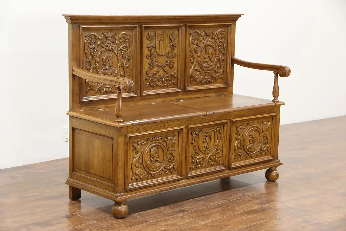 Main image of Oak 1920 Antique Dutch Hall Bench, Hand Carved Knights & Coat of Arms, Storage
