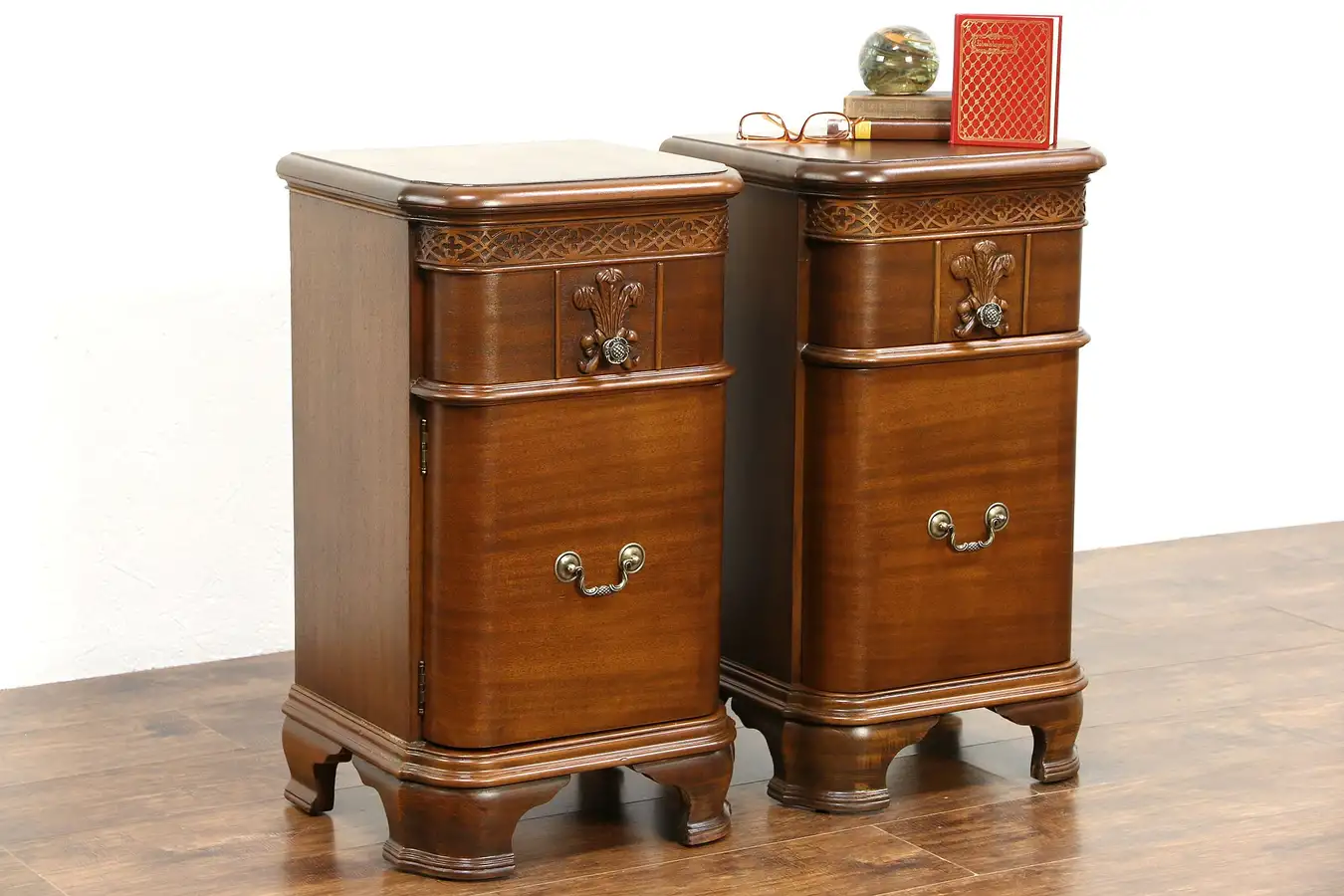 Main image of Pair of Traditional 1940's Vintage Carved Mahogany Nightstands